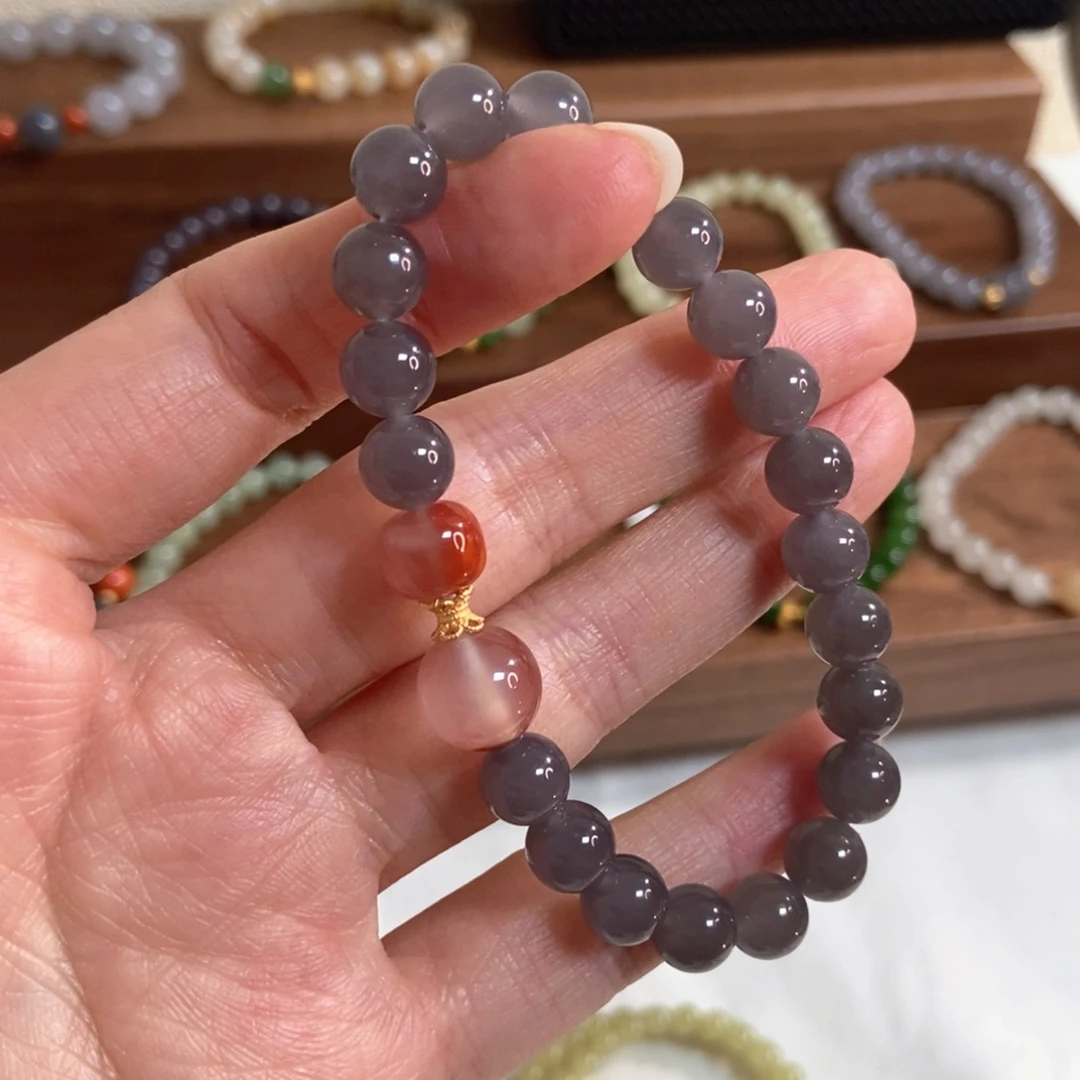 和田玉手链银S925镶嵌8mm冰深紫福利