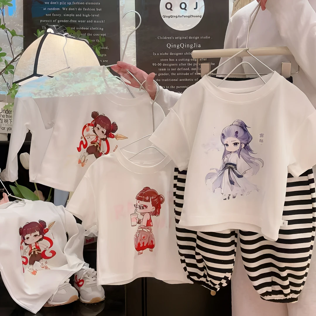好运哪吒短袖男童动漫短袖女童可爱t恤25新款儿童衣服夏季网红