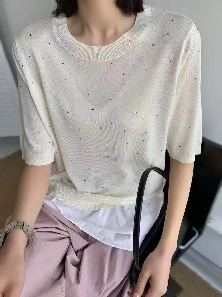 胸94-150长64气质烫钻设计感温柔百搭短袖针织上衣 9536