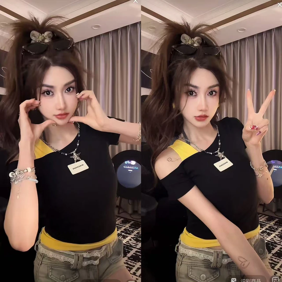 【独特撞色】斜肩假两件短袖t恤女夏季纯欲辣妹一字肩短款上衣绝美