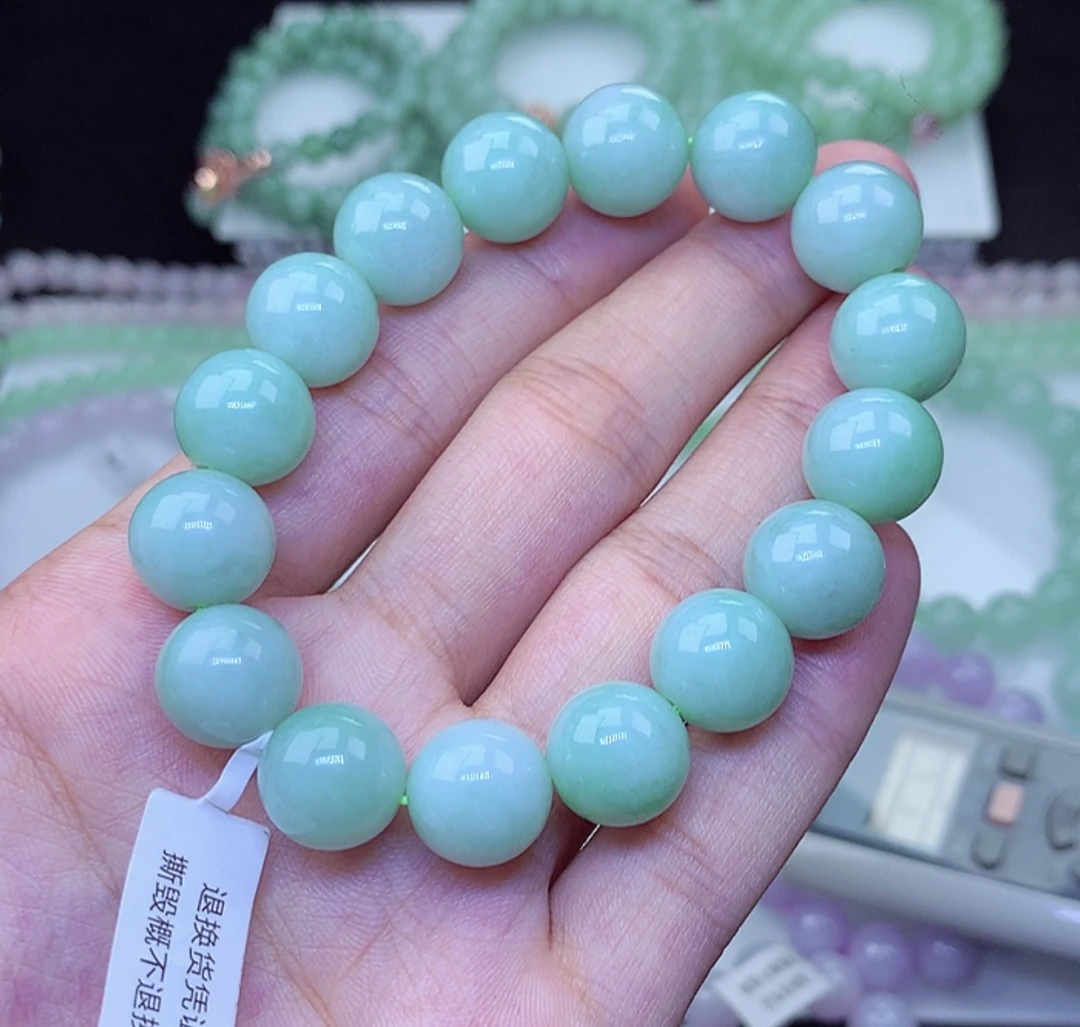 正品缅甸天然翡翠A货13m冰润满色满绿玉手串单圈绿色素圈百搭