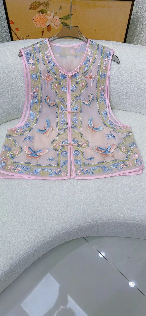 （粉蝶）短款春季夏季百搭蕾丝优雅风马夹中国风复古上衣