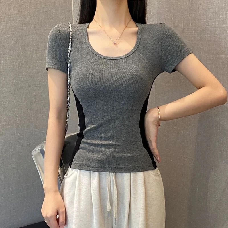 夏季新款U领短袖T恤女设计感撞色拼接修身显瘦气质百搭打底衫上衣