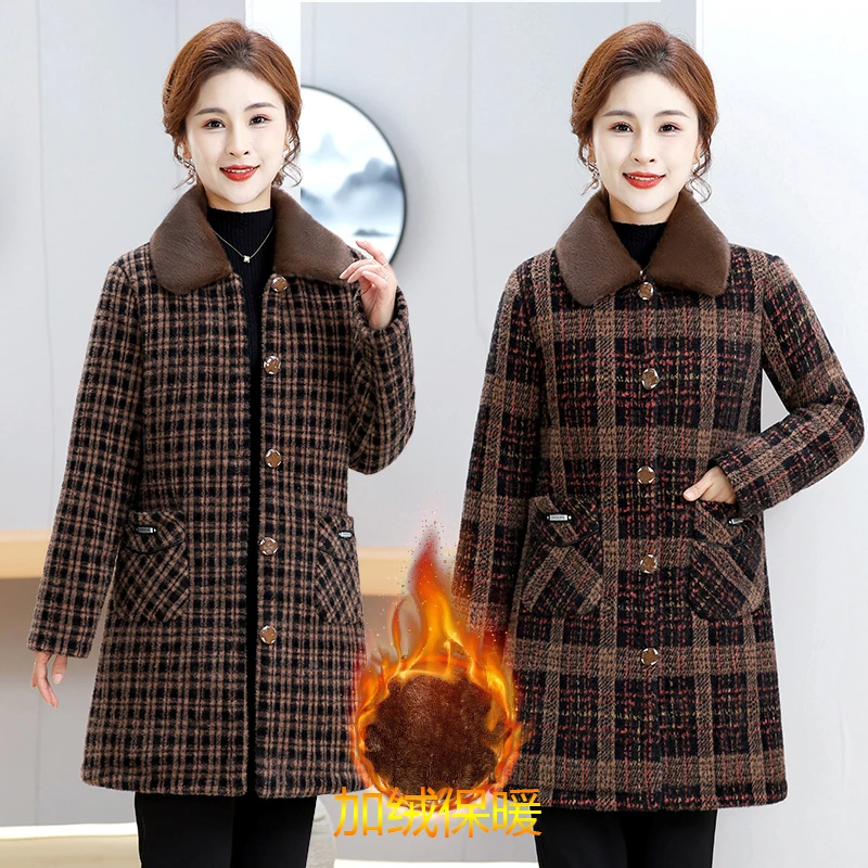 格子保暖厚款加绒棉衣大码中老年中年秋冬妈妈装外套加绒保暖外套