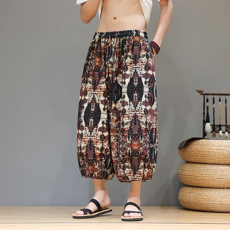 复古潮流印花七分裤男大码肥佬灯笼裤夏季薄款外穿短裤宽松沙滩裤