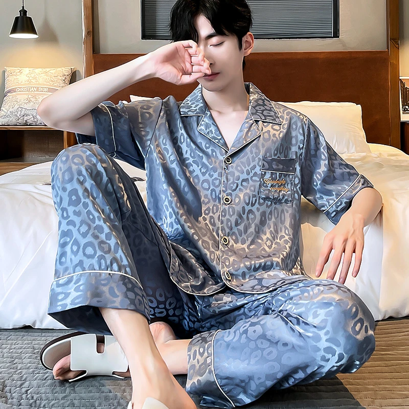 冰丝青年款夏天短袖长裤两件套装休闲春夏睡衣男士夏季薄款丝质