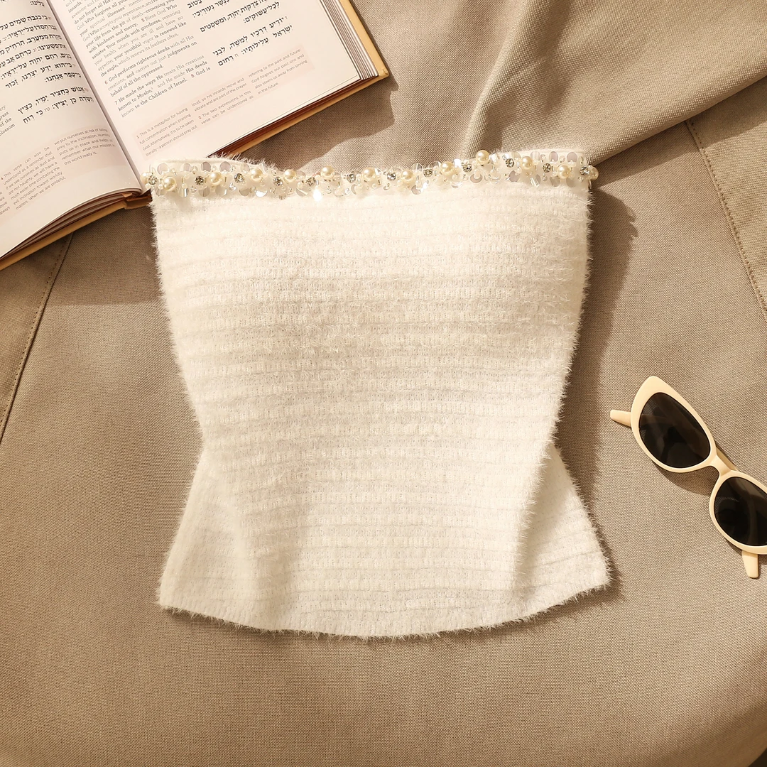 纯欲风钉珠毛绒针织抹胸吊带背心女秋冬保暖修身内搭打底美背上衣