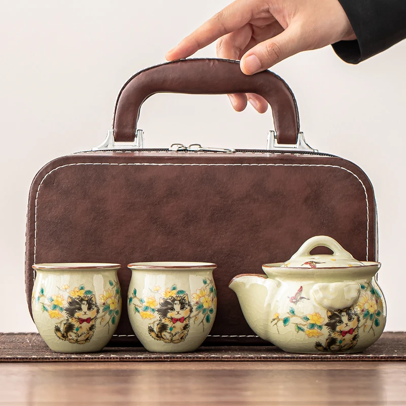 中式汝窑手抓壶旅行茶具户外车载出行便携式一壶两杯轻便茶具器物