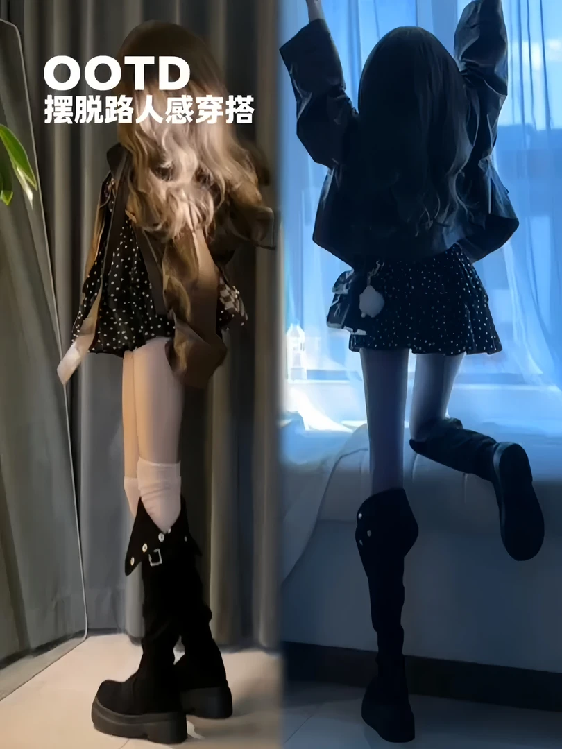 美式高街棕色百搭宽松皮衣外套女装秋季新款波点露背连衣裙两件套