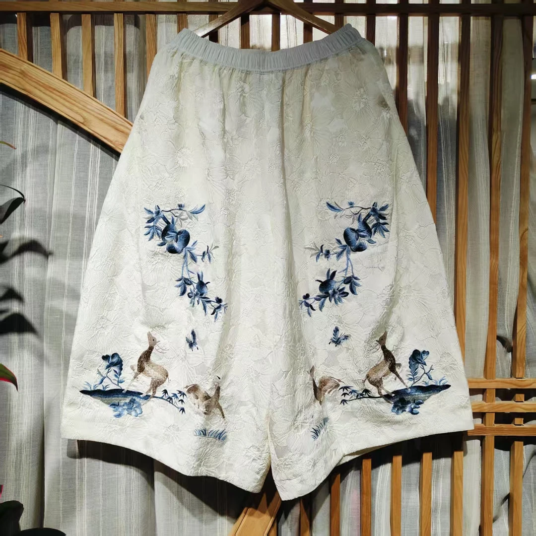 凤徕兮私人定制白提花底梅花鹿刺绣全松紧加衬花苞裤（LK067-26）