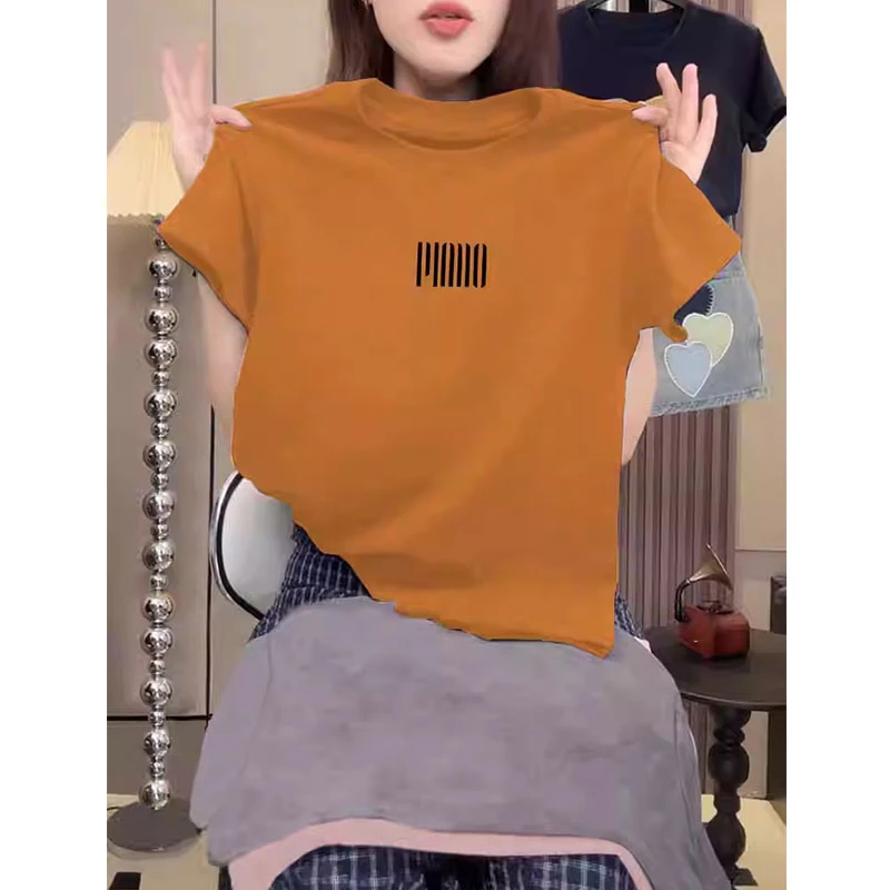 2025新款正肩圆领短袖t恤女ins潮时尚减龄百搭南瓜橘色上衣春夏季