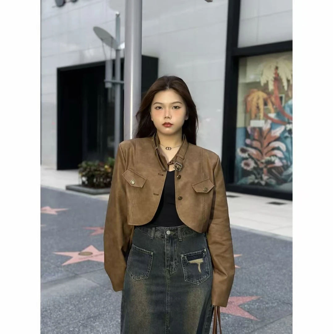 《鲨鲨》百搭复古机车皮衣外套女春秋宽松短款长袖夹克上衣