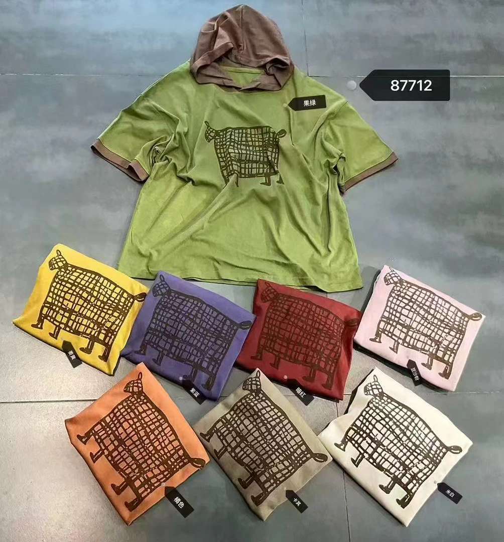 【主播推荐】女士撞色连帽小羊短袖T恤87712