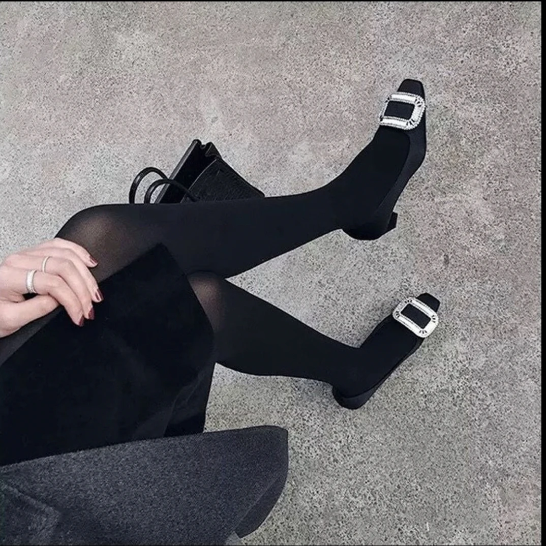 【厚黑穿搭】2025新款缎面水钻粗跟方扣单鞋名媛气质跟鞋百搭女鞋