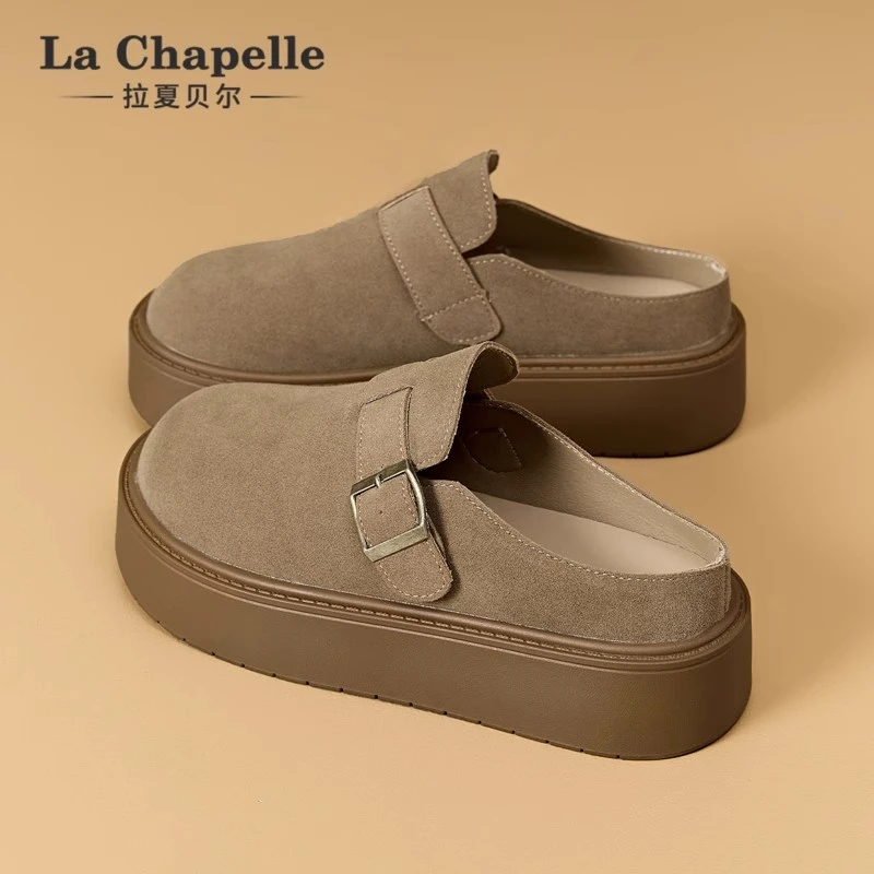 拉夏贝尔厚底勃肯鞋女2025新款冬季一脚蹬懒人半拖鞋小个子博肯鞋