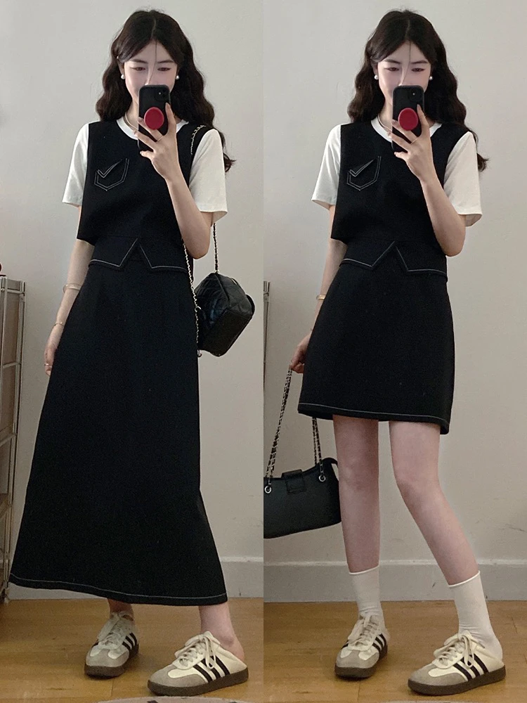 假两件叠穿正肩连衣裙2025夏季新款大码胖mm收腰显瘦设计感小黑裙