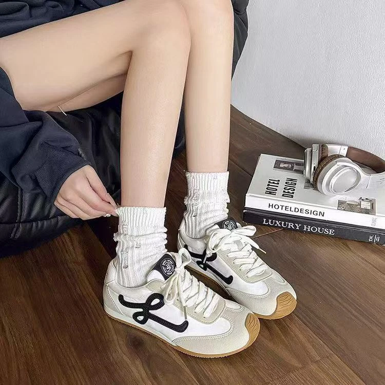 阿甘鞋女2025新款系带百搭拼色休闲平底系带德训鞋芭蕾鞋小白鞋潮