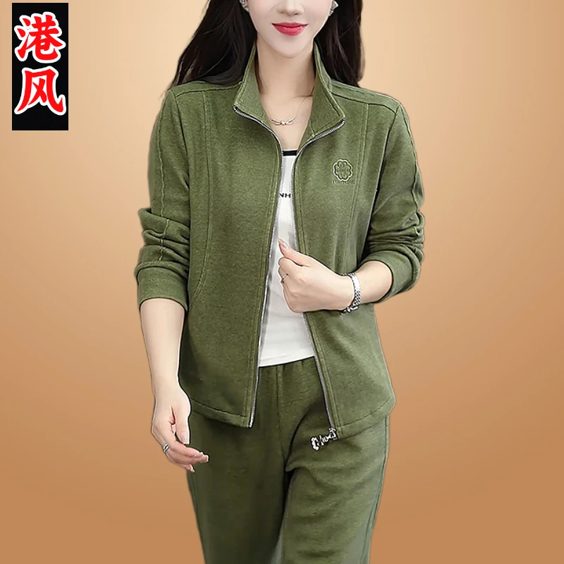 品牌军绿色运动套装女春秋立领设计感外套跑步服休闲裤子OL两件套