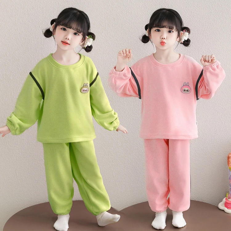 女童奥利绒睡衣秋冬新款儿童法兰绒套装洋气宝宝分体拉布布家居服