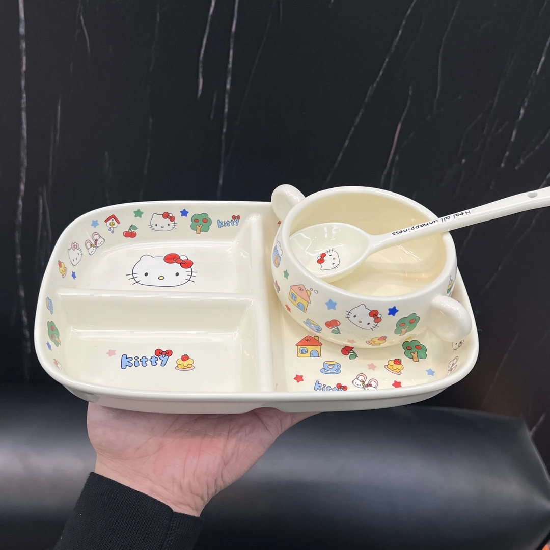 外贸尾单 三格分餐盘+双耳碗+长柄圆勺 3件套