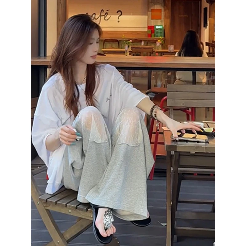 慵懒风气质宽松短袖T恤女装2025夏季新款蕾丝破洞阔腿长裤两件套