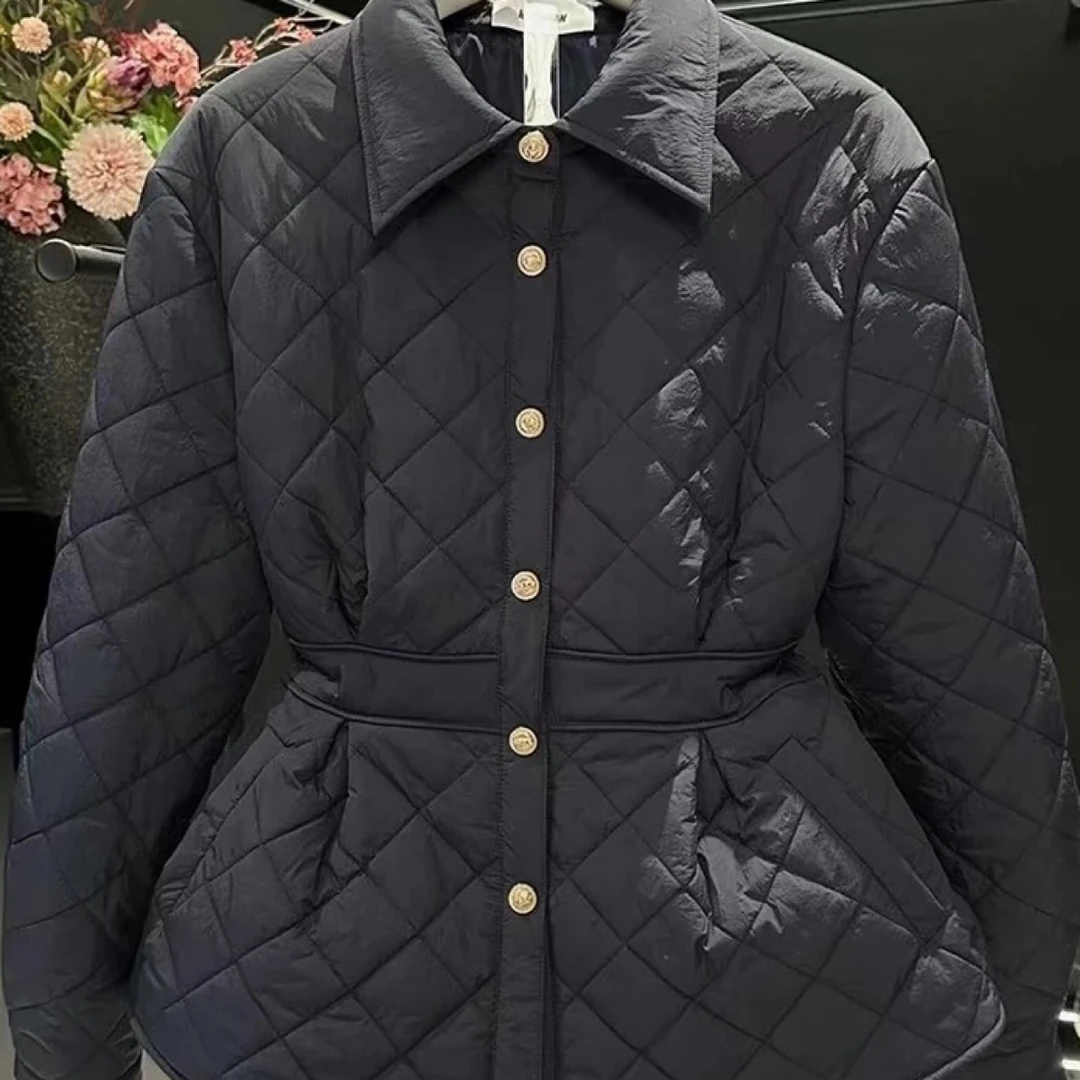 肉肉家*大码菱形格收腰显瘦气质时尚棉袄外套秋冬新款百搭