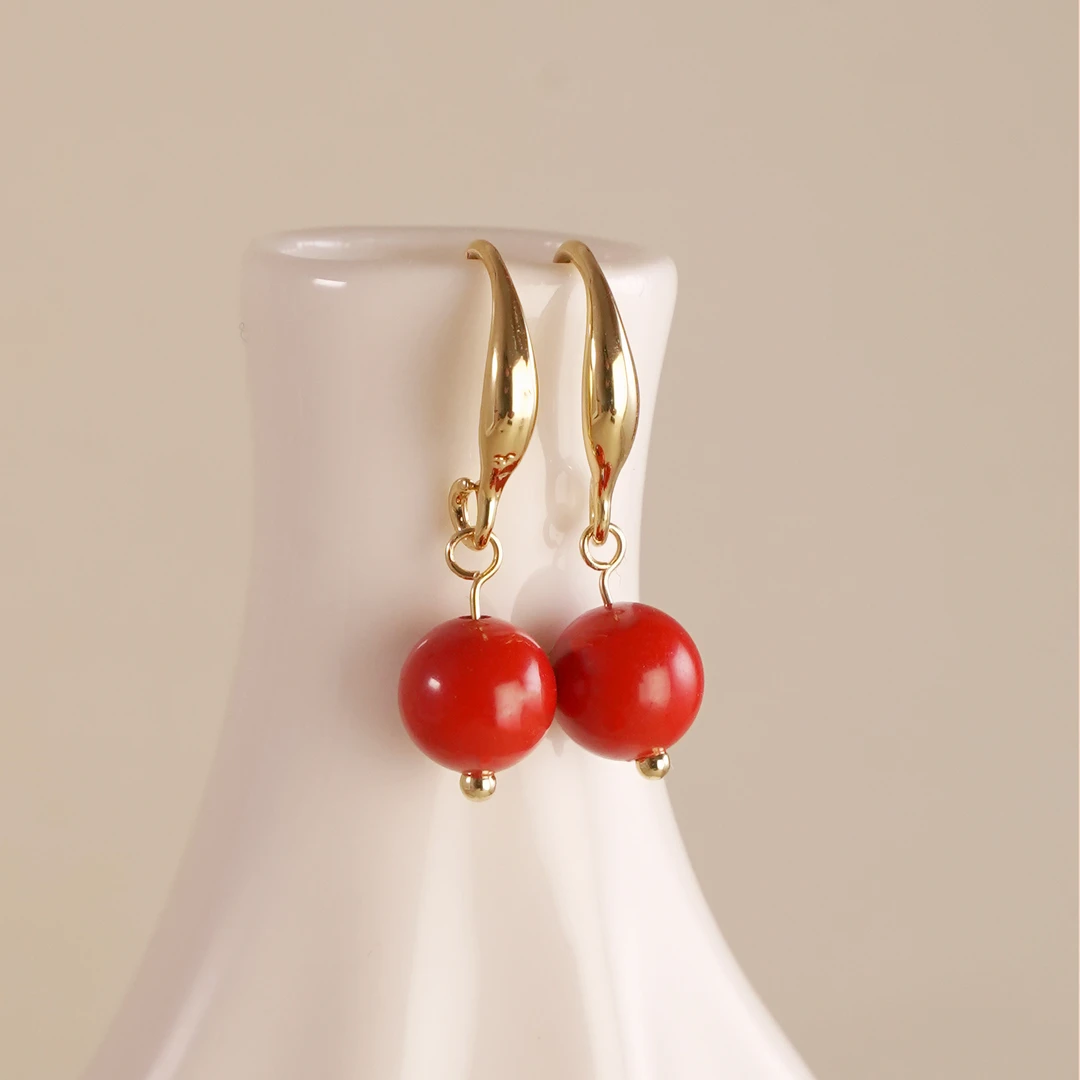 掌珠阁 含辰砂工艺品【红韵耳钉】S925+8mm朱砂本命耳饰