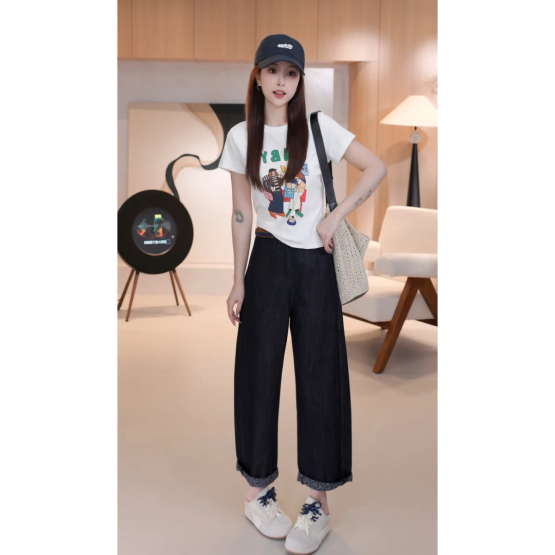 C05080美式潮流显瘦小个子正肩短款人物印花字母短袖T恤