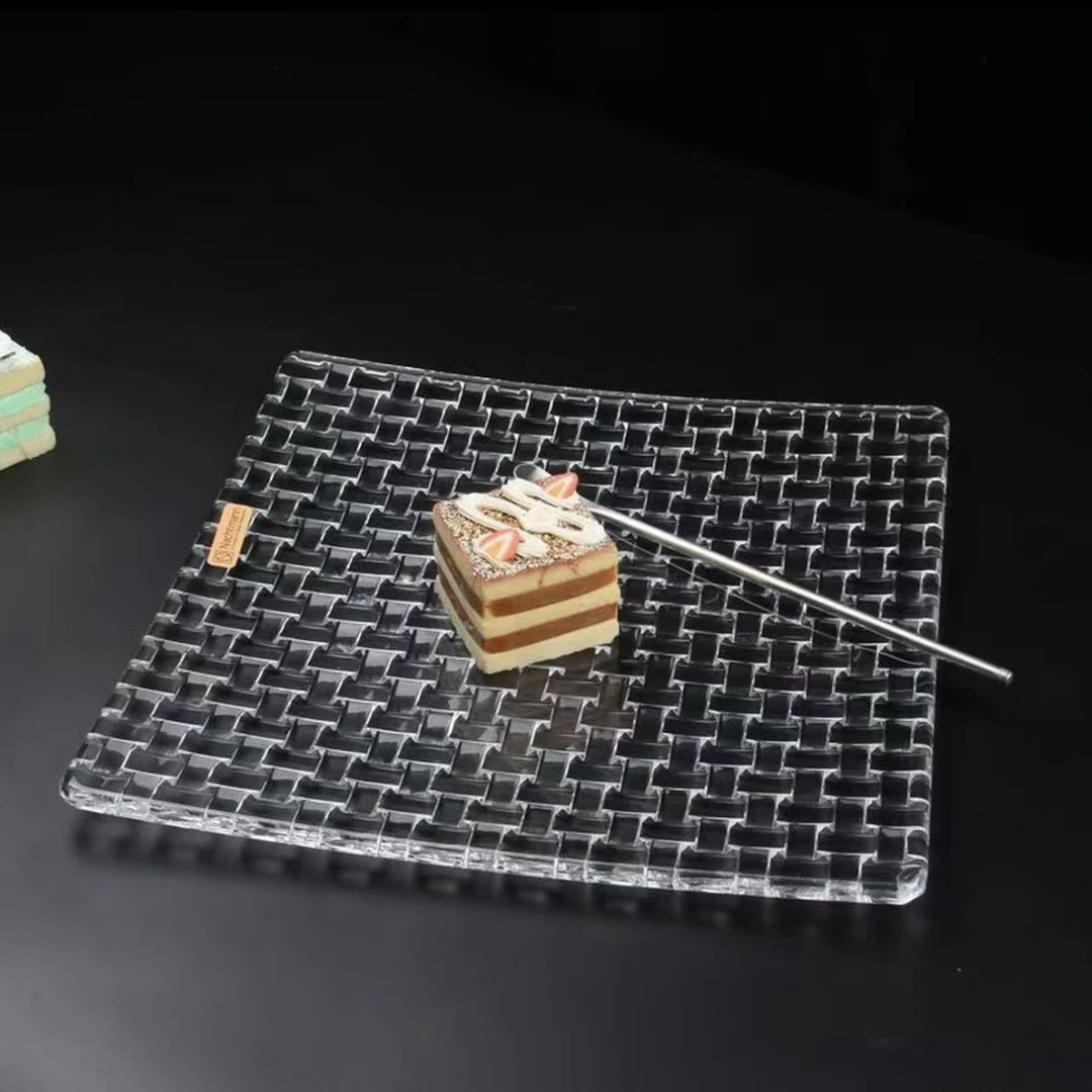 【水晶浅方盘】编织工艺水晶玻璃杯托水果盘干果客厅玄关零食摆放盘