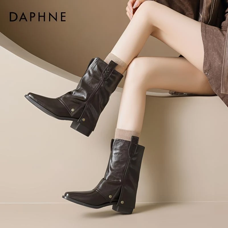 达芙妮美拉德短靴女款2025新款秋冬季褶皱马丁靴套筒粗跟瘦瘦靴子
