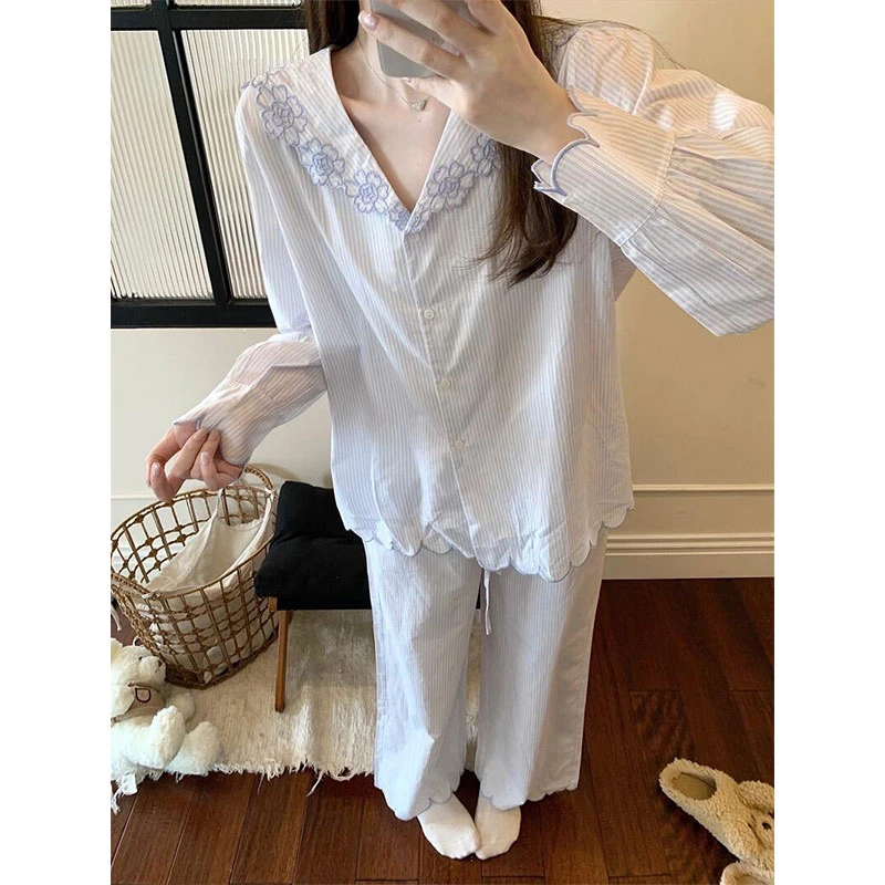 韩系甜美温柔风花边睡衣女秋季新款开衫长袖长裤可外穿家居服套装