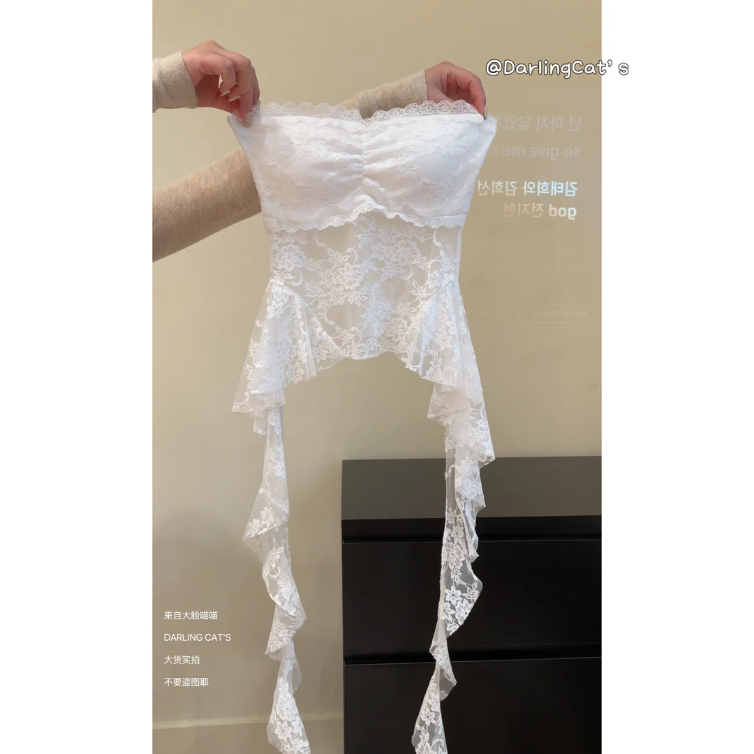 大脸喵 现货 我纯欲小心机蕾丝拼接抹胸背心不规则性感辣妹上衣