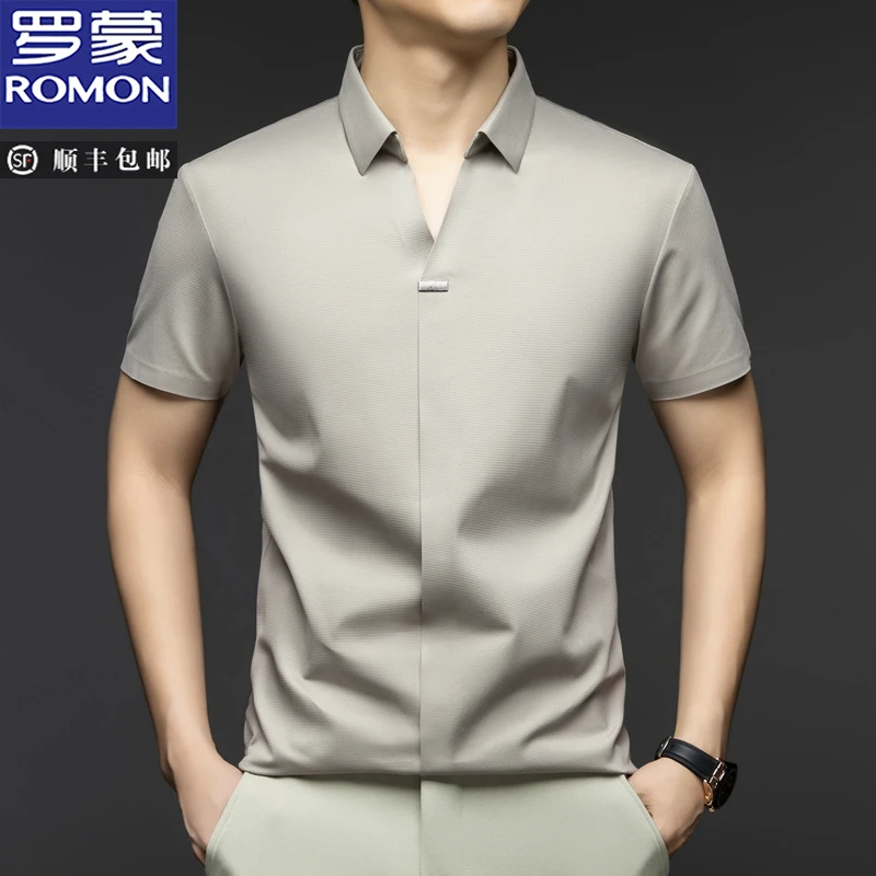 罗蒙简约款男装时尚休闲冰丝半袖修身翻领短袖高级感商务衬衫t恤