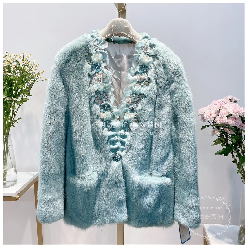 冬季短款貂皮大衣V领皮草外套保暖休闲女装样衣无吊牌RMALW784342