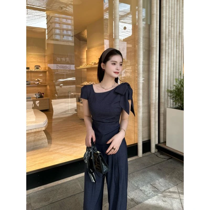 LUOZHIYIN/罗知音T112877S蝴蝶结系带休闲上衣T恤+直筒阔脚休闲裤