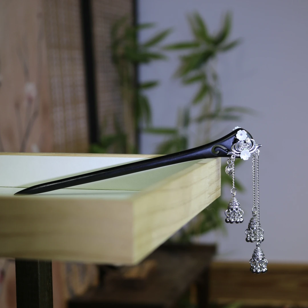 双面黑檀木发簪【逸可】古风步摇双面国风流苏民族风盘发钗