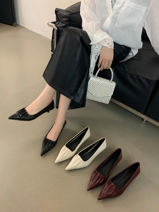 春款韩系909-48浅口尖头法式女鞋细跟跟鞋黑色低跟气质春秋时尚