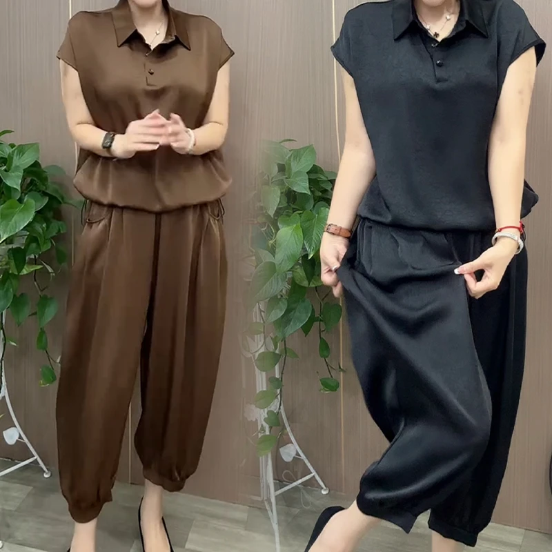 醋酸短袖衬衫哈伦裤老爹裤套装大码中老年妈妈装两件套女装裤子