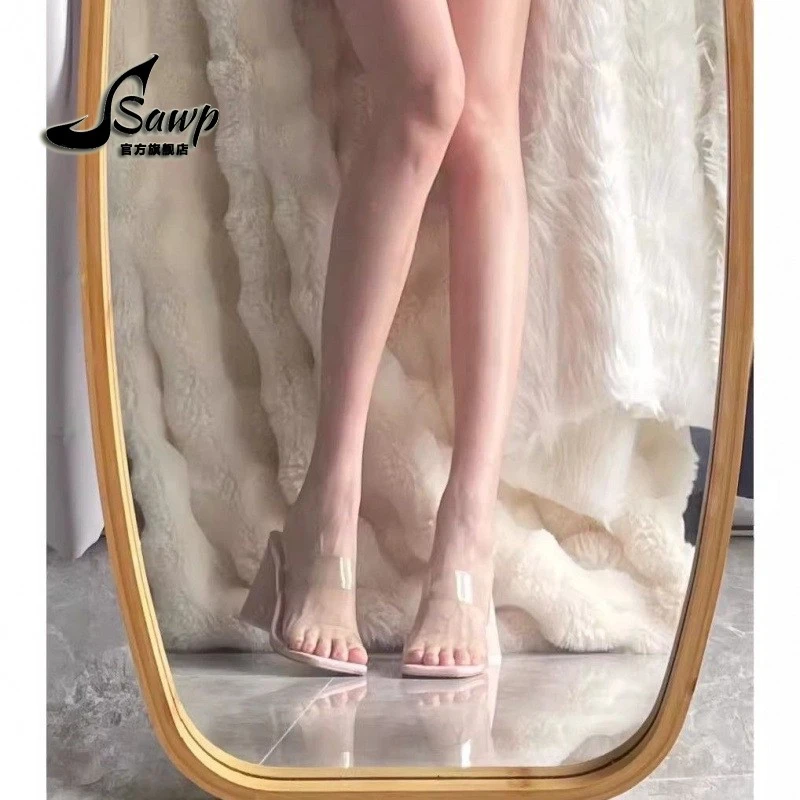 显高显白显长大小姐高跟粉色女鞋透明小众拖鞋高级低外穿