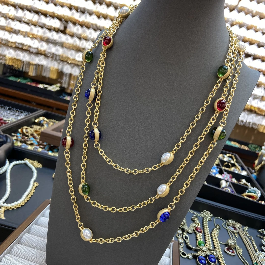 铜合金琉璃项链 复古巴洛克彩色双面琉璃珠珍珠长款项链叠戴腰链