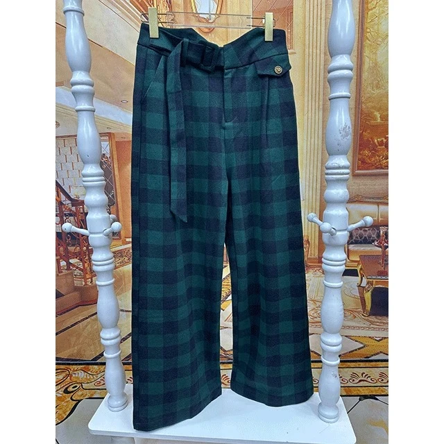 001秋新款女士复古格子高腰时尚直筒休闲裤