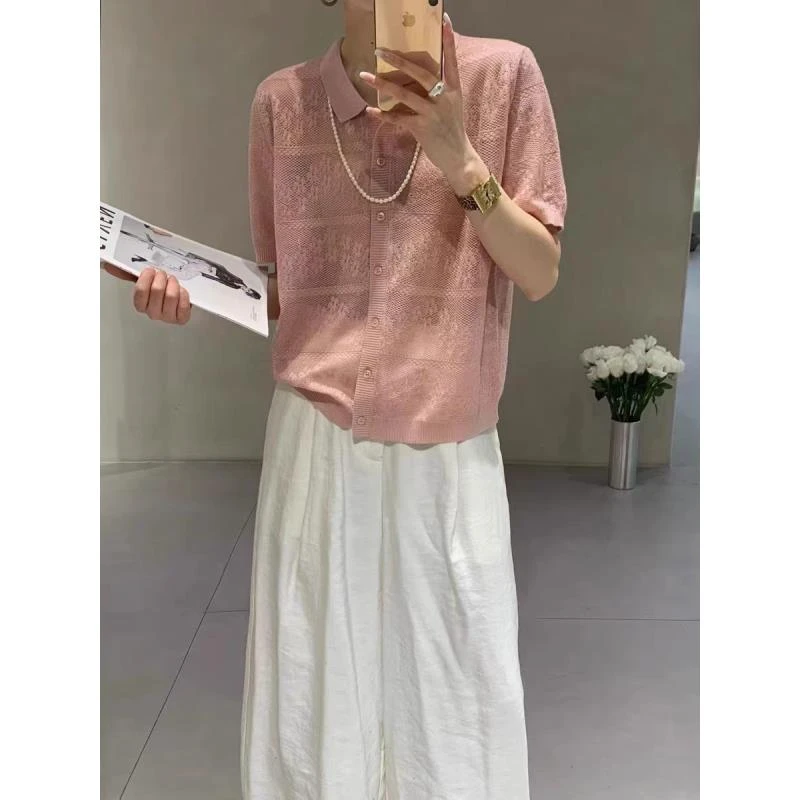 新新定制-翻领薄款镂空提花针织短袖宽松休闲微透开衫81823