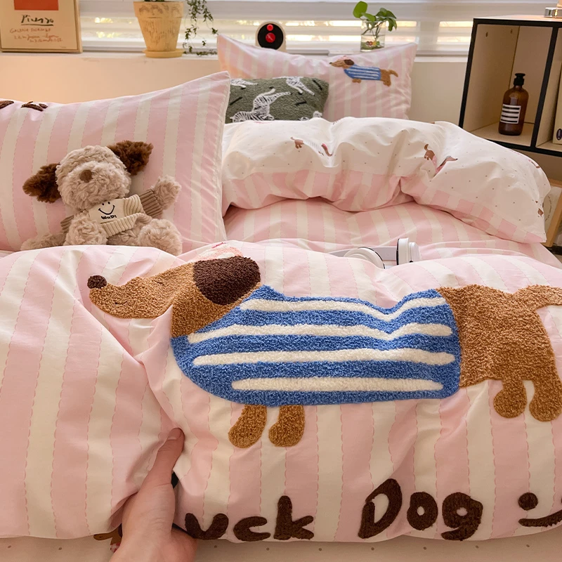 可爱卡通毛巾绣全棉多巴胺四件套纯棉少女床单被套三件套床上用品