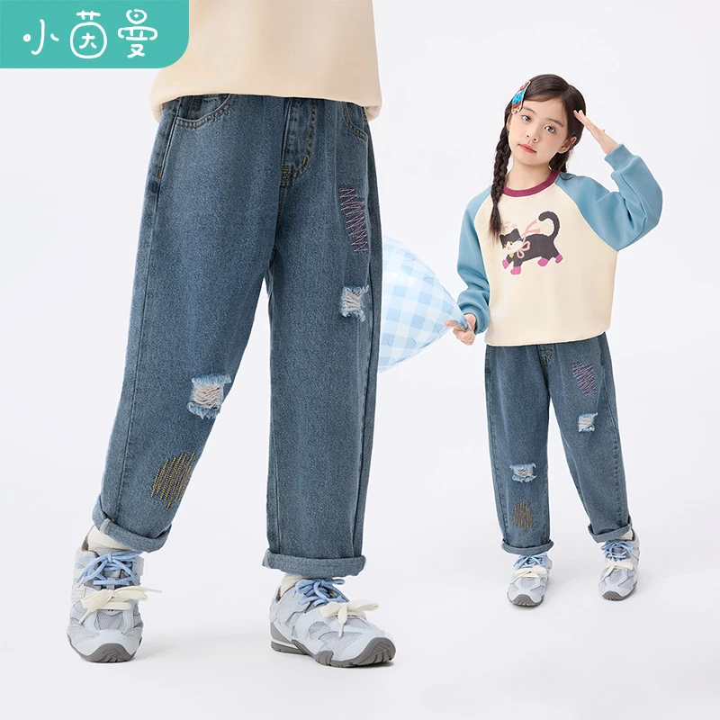 小茵曼女童磨毛破洞牛仔裤25秋中大童时尚休闲裤萝卜裤GF3853132