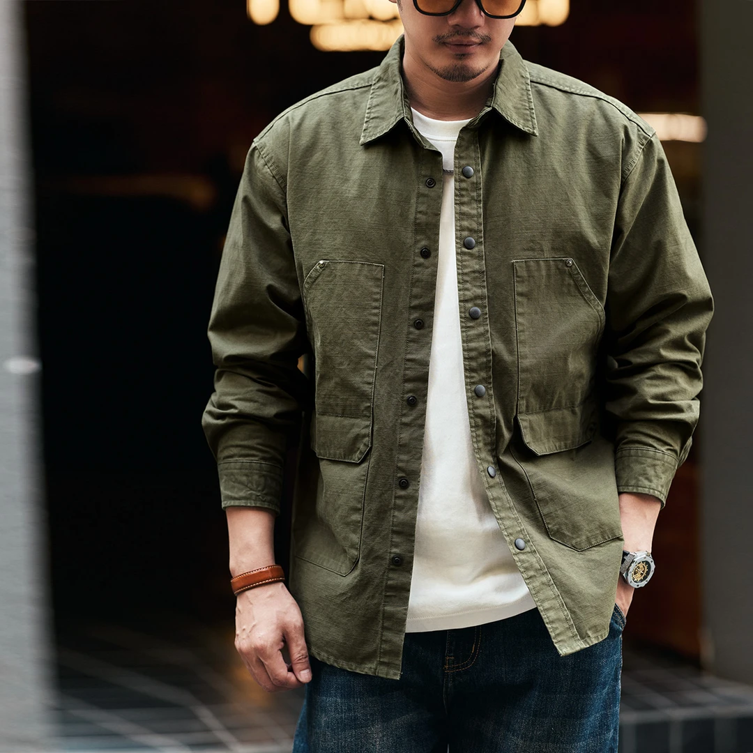 格蓝鹿美式复古设计感潮牌纯棉长袖衬衫外套男款秋季宽松工装夹克