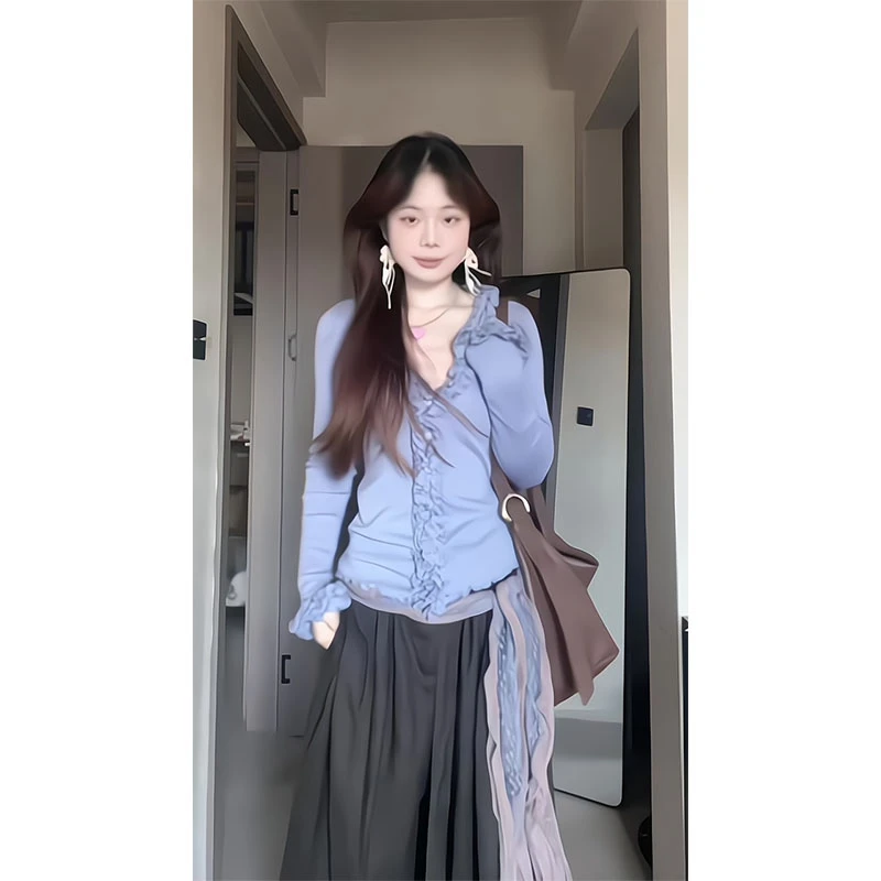 2025年早秋新款性感辣妹荷叶边v领长袖针织衫宽松阔腿休闲长裤子