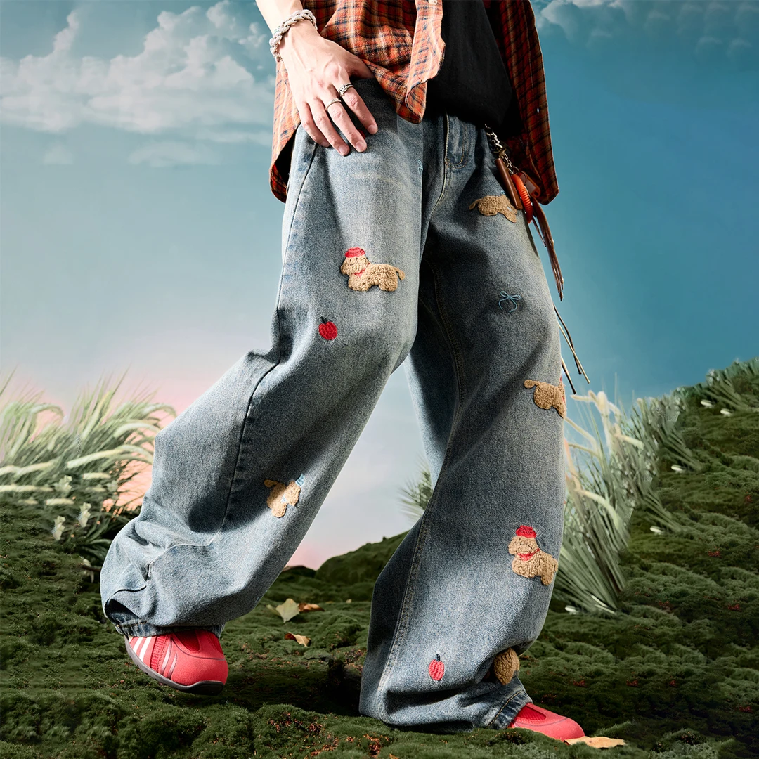 Nuthink美式风刺绣小狗阔腿水洗做旧牛仔裤宽松长裤男2025秋新款