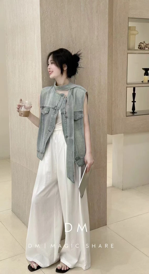 2025新款韩版时尚百搭V领飘带牛仔马甲女宽松显瘦背心