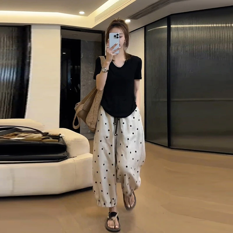 时尚潮流套装松弛感韩系慵懒风长款T恤上衣波点宽松束脚裤两件套