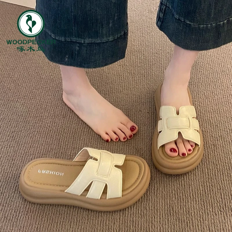 啄木鸟法式厚底凉拖鞋女2025夏季新款配裙子休闲踩屎感沙滩一字拖